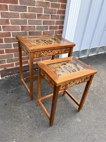Vintage Set of 2 Asia wood Nesting Tables Carved under Glass Side End Lamp Table Cover