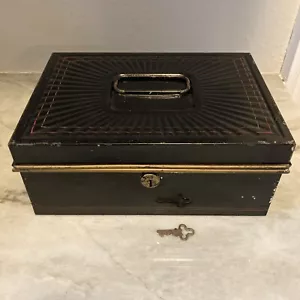Metal Bankers Cash Document Jewelry Box Black Gold Red Top Handle W/ Key 10" x 7 - Picture 1 of 12