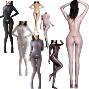 Womens Glossy Skinny Bodysuit Stretchy Jumpsuit Open Crotch Lingerie Nightwear - Picture 1 of 83
