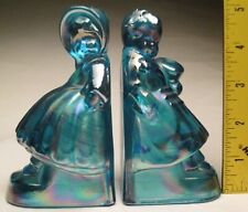 VTG Wheaton Gift Shop Dutch Boy & Girl Pair Blue Carnival Glass Bookends #259A/B