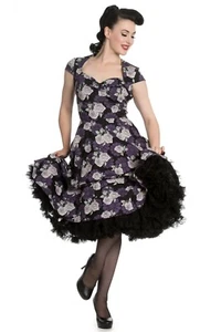 HELL BUNNY Black Purple Rose Floral Rockabilly Pinup ILSA 50's DRESS - Picture 1 of 5