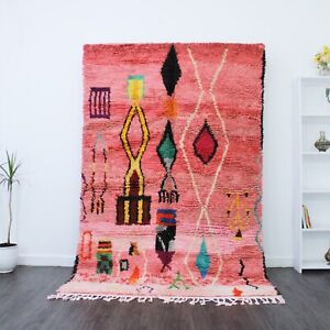 Vintage Pink Moroccan Boujaad Handmade Wool Rug 5x8 FT