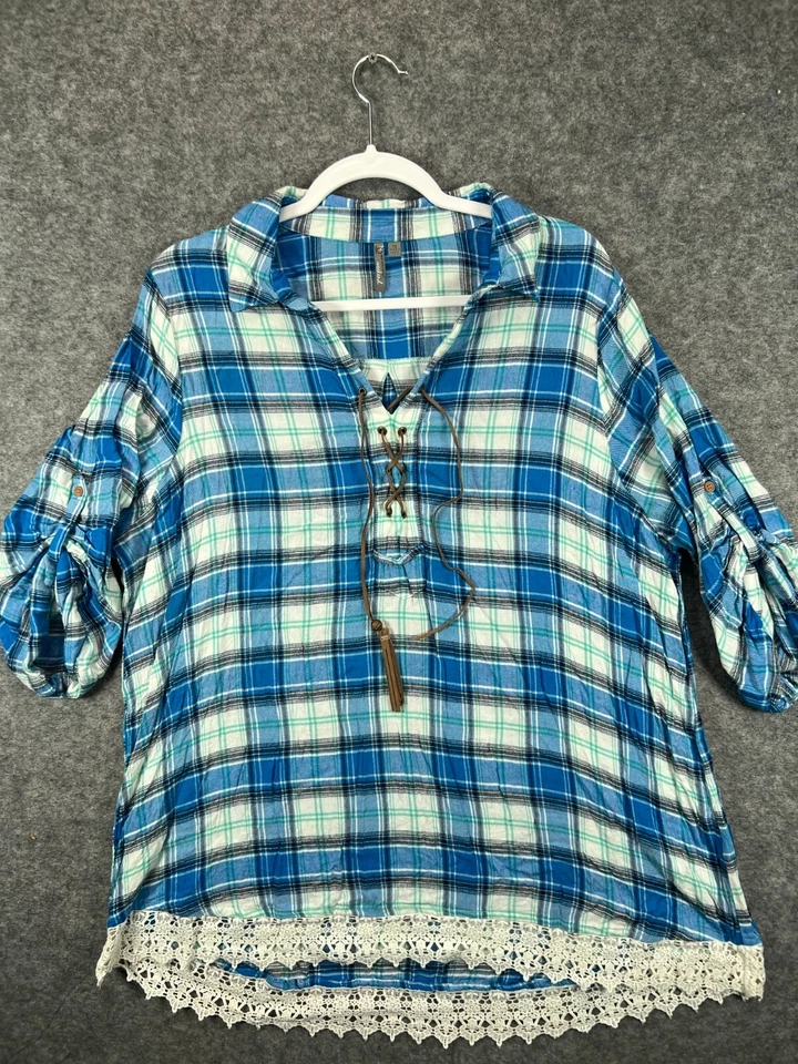 Camisa New Directions para mujer Plus 1X Blusa Top Azul a Cuadros Manga Corta Borde de Encaje Foto 1 de 4