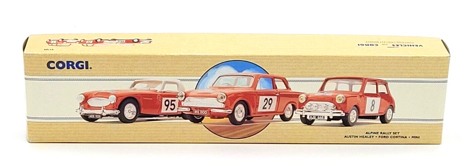 Corgi Toys Alpine Rally 1:43 Mini Cooper Austin Healey Ford Cortina 3-Car Set - Image 1 of 4