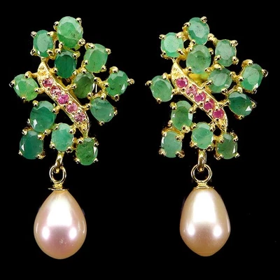 Pendientes de plata de ley 925 esmeralda ovalada 4x3 mm rubí perla piedras preciosas joyería Foto 1 de 4