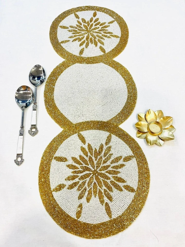 TBS White & Gold | Handmade Pearl Beaded Table Runner | Dining Coffee Decor Gift - Image 1 of 4