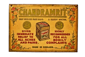 Vintage Chandramrit Schmerzbalsam Blech Werbeschild Made in England 9,5x6,5 Medic - Bild 1 von 7