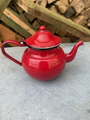 Vintage Small French Red Enamel Kettle Teapot - Image 1 of 4