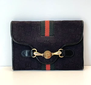Vintage Gucci Clutch Wallet Tri Fold Black Canvas, Green & Red Stripe, 4.5 x 6.5 - Picture 1 of 8