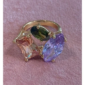 Gold Tone Multi Color Gemstone Cocktail Statement Ring Size 6.75 Fashion - Picture 1 of 5