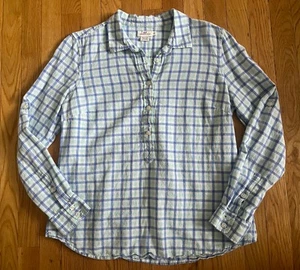 VINEYARD VINES Blue Gingham Pop Over Shirt Women's Size 12 Linen Blend Blouse - Picture 1 of 9
