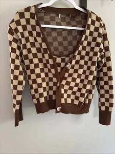 Maglione cardigan a quadri Willow And Wind marrone e marrone chiaro con canotta abbinata media - Foto 1 di 14