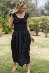 Neuflora Elvie Black Ruched Short Sleeved Midi Dress Womens Medium New - Picture 1 of 9