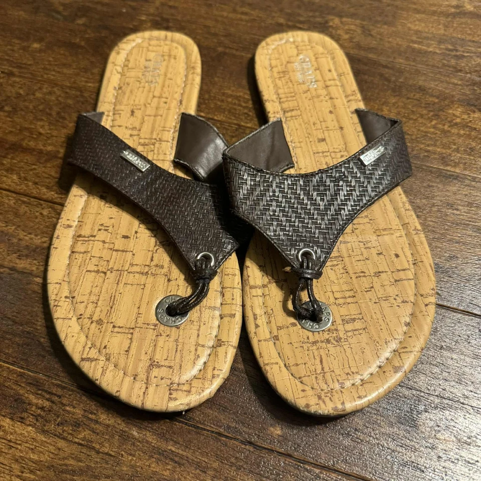 VTG Chaps Navy Blue Woven MM Leather/Cork Logo Flip Flops Flats Women's Size 10 - Image 1 of 4