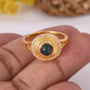 Good Looking Engagement Ring Gift in Gold Plated With Moss Agate & White Topaz - Picture 1 of 13