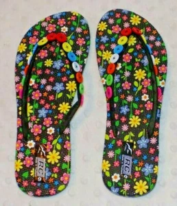 Flip Flops Floral Flower Design Bright Buttons on Straps Sz 9 - Picture 1 of 3