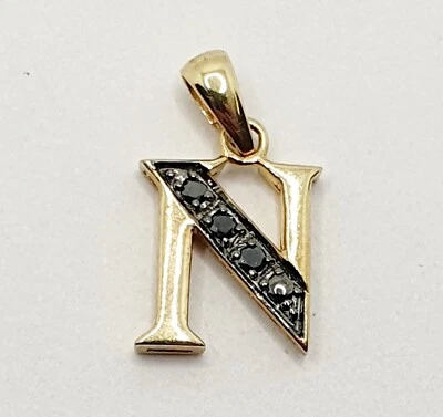 Small 9ct Yellow Gold Letter " N " Black Diamond Charm / Pendant - Image 1 of 4