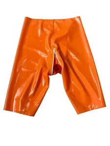 Orange Latex Men's Briefs Shorts with Zipper and Penis & Anal Sheath Underwear - Picture 1 of 10