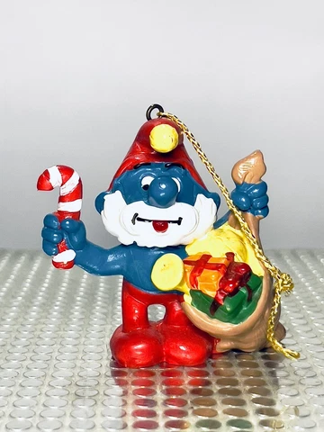 Papa Smurf Santa Claus Figure Holding Christmas Sack Smurfs Ornament Vintage 80s Cover