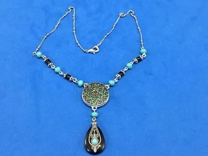 Southwestern Style Statement 16.5" Y Lariat Necklace Beads Silver Tone Signed NR - Imagen 1 de 6