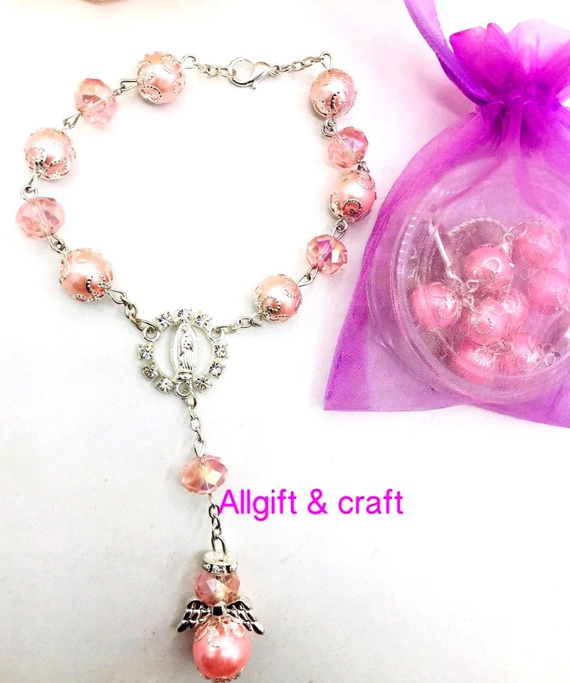 12Pcs Rosary Pink Primera Comunion Baptism Favors Recuerdos De Bautizo BAG