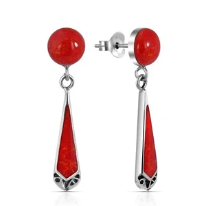 Vintage Inspired Red Coral Post Dangle Sterling Silver Earrings - Picture 1 of 6