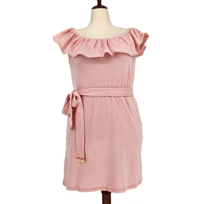Michael Kors Women Pink Striped Casual Ruffle Off-the-Shoulder Mini Dress Size L - Image 1 of 4