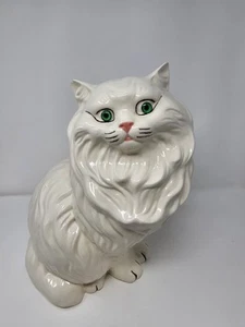 Gatto persiano bianco in ceramica vintage a grandezza naturale con bellissimi occhi verde smeraldo - Foto 1 di 12