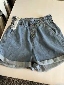 S.O.N.G. High Rise Button Up Paper Bag Jean Shorts Size M C388 - Picture 1 of 7
