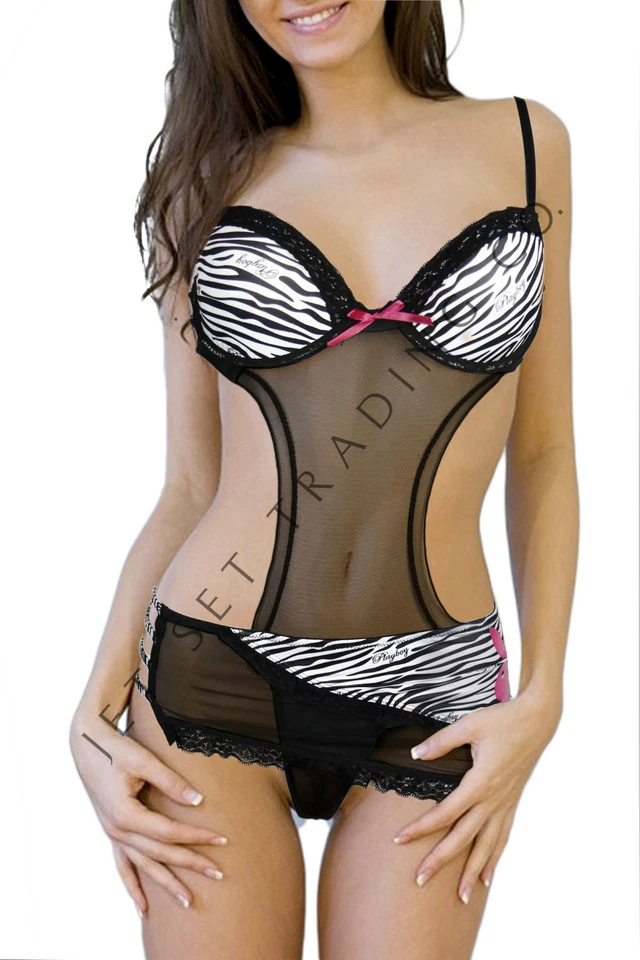 Juego de CUERDAS G Chemise para mujer PBNW6066-B-W blanco y negro Playboy íntimas S - L Foto 1 de 3