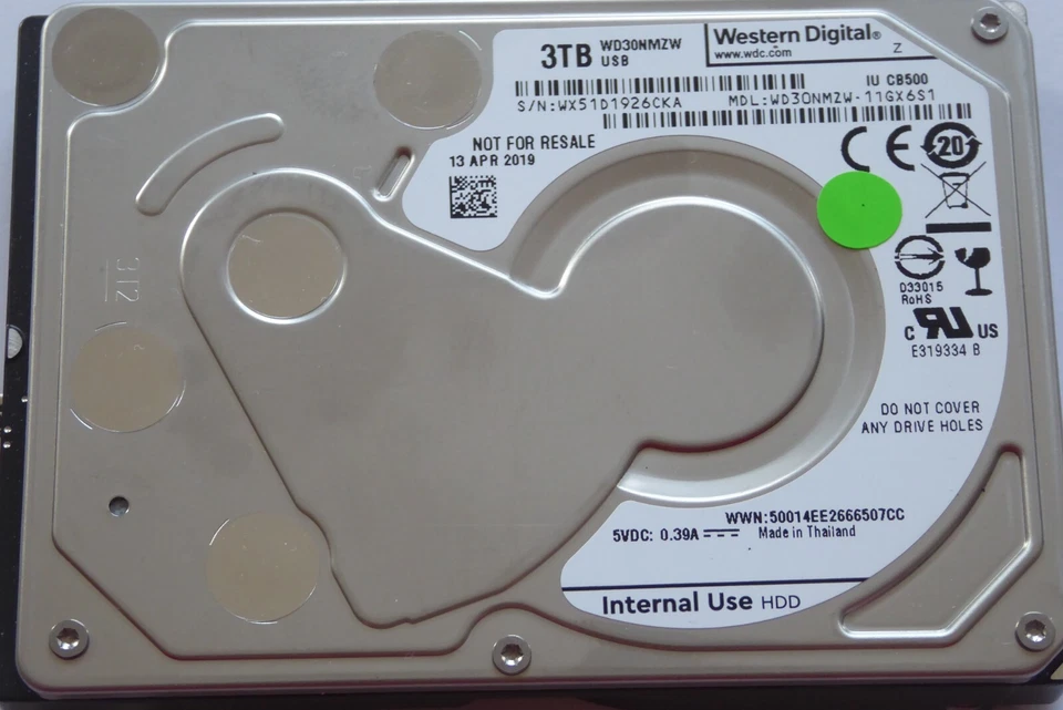 WD30NMZW-11GX6S1 S/N: WX51D 13 APR 2019 Thailand WD 3TB - Bild 1 von 1