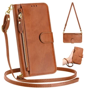 Crossbody Wallet Case for iPhone 16 Pro Max 15 14 13 12 11 Card Holder Zipper - Picture 1 of 13