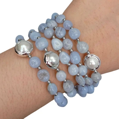 Y·YING 5 Strands Natural Blue Lace Agate Cultured White Pearl Beaded Bracelet - Image 1 of 4