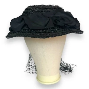 Vintage 1930s Straw Hat Black w/ Silk Ribbon Bows & Netting Open Net Top Small - Picture 1 of 13