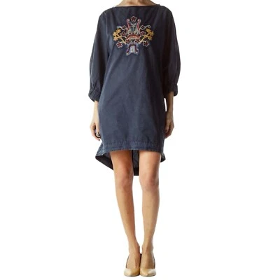 Chic Chambray Floral Embroidery Bouquet Balloon Sleeve Cotton Mini Shirt Dress S - Image 1 of 4