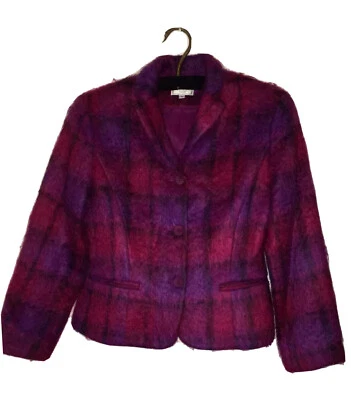 Blazer Henri Bendel Nueva York Mujer Lana Mohair Rosa, Púrpura y Negro Cuadros Talla M Foto 1 de 4