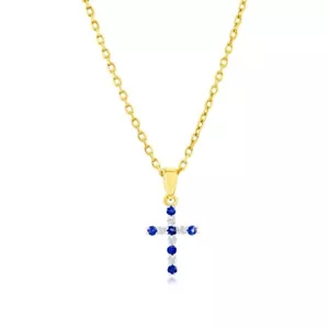 14K Yellow Gold Sapphire & Diamond Cross Pendant - (11 Stones) - Picture 1 of 1