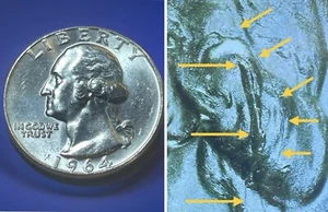 1964 Washington Quarter Error. Int. Die Break In Hair. 90% Silver. UNC! WQ-052 - Picture 1 of 8