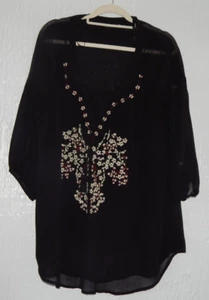 GEORGE SIZE 20 BLACK 3/4 SLEEVE LINED CHIFFON EMBROIDERED FRONT SMOCK TUNIC - Picture 1 of 4