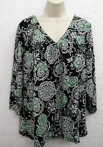 Charter Club Womens 3/4 Sleeve Nylon Glam Flowy Top Blouse Green Black Size 2X - Picture 1 of 8