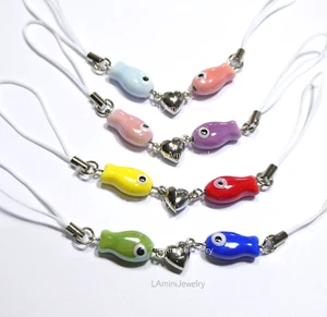 Matching Ceramic Fish Keychain Phone Strap Magnetic Heart Cute Friendhip Set - Picture 1 of 11