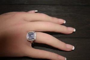 Vintage 14K WG Blue Chalcedony & Diamond Ring - Picture 1 of 12