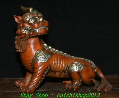 Estatua antigua china de 10" de bronce púrpura dorado de plata Fengshui dragón unicornio bestia Foto 1 de 4
