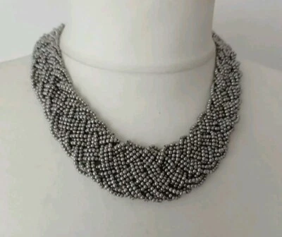 ACCESORIO MONZÓN Declaración Tono Plata Metal Cuentas Trenzado Collar-45cm Largo Foto 1 de 4