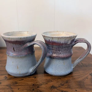 Handmade Pottery Coffee Mugs Shades of Purple Blue Cream Set Of 2 Rustic - Picture 1 of 15