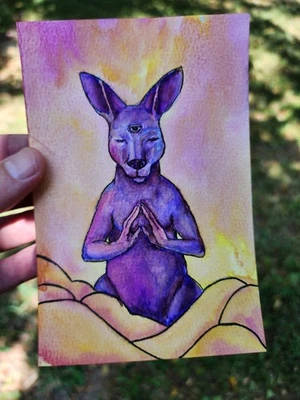 Acuarela Original 4x6 - Canguro Índigo Tercer Ojo - Arte Surrealista sobre Papel Foto 1 de 3