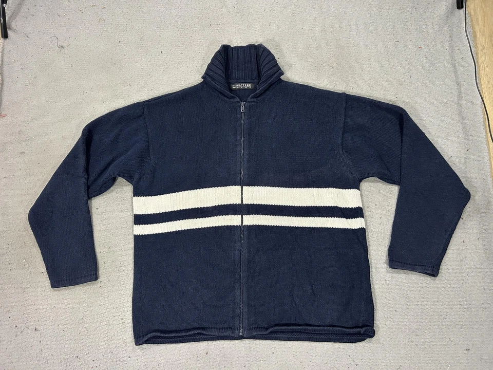 Vintage Structure Sweater Mens Medium Navy White Stripe Full Zip Mock Neck 90s - Image 1 of 4