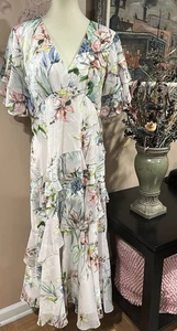 Theia Blush Multi Floral Print V-Neck Ruffle Midi Dress Size 16 - Picture 1 of 11
