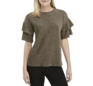 Camicetta donna piccola manica arricciata scintillante metallizzato Michael Kors oro prezzo al pubblico consigliato $78! - Foto 1 di 13