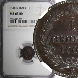 Italy Umberto I Copper 1900 R 1 Centesimo NGC MS63 BN  KM# 29 (038) - Picture 1 of 5